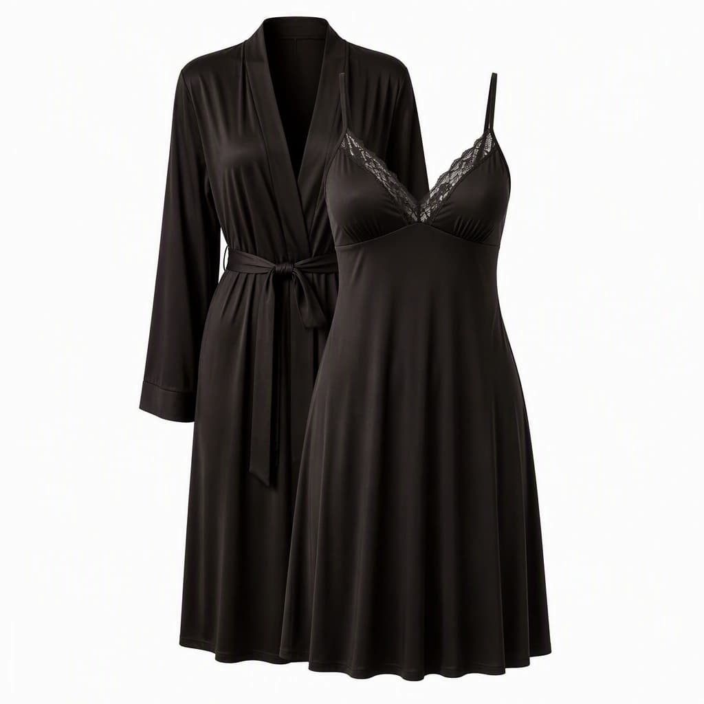 Soft Nightie & Robe in Black, front view